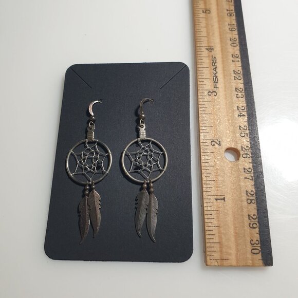 Dreamcatcher Dangle Hook Earrings Feather Charm Silver Metal Boho Tribal Style - Picture 3 of 4